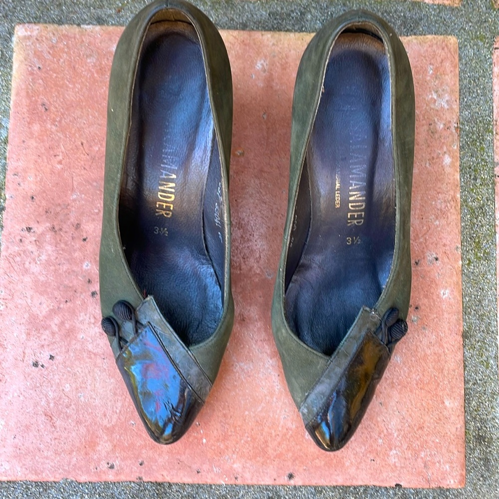 Vintage green suede, leather with patent leather and button, accent shoes